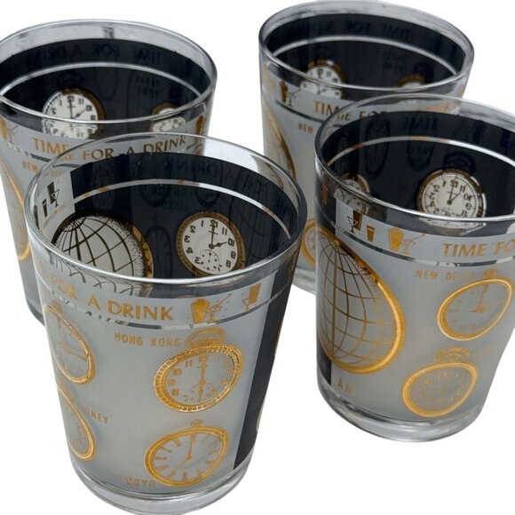 Set of 4 Mid-Century Modern "Time For A Drink" Double Old Fashioned Glasses Gold - Picture 8 of 16
